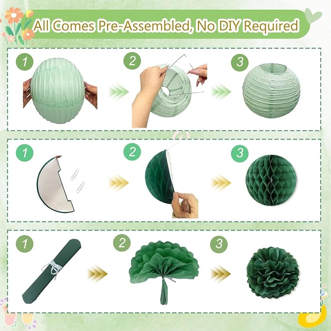 Sage Green Baby Shower Decorations Boy, Pre-Strung Welcome Baby Sign with Honeycomb Balls, Paper Flowers, Lanterns, Fans, Hanging Swirls, Circle Dots Garland for Boy Baby Shower Decorations 24pcs