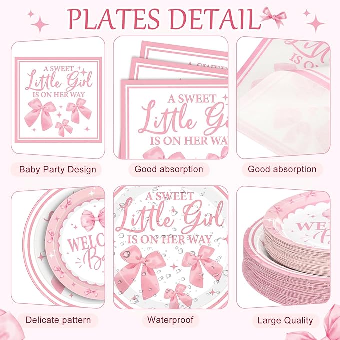 400 Pcs Pink Bows Baby Shower Party Decoration Girl for 50, a Sweet Little Girl Is on Her Way Plates Napkins Cups Cutlery for Welcome Baby Bow Coquette Birthday Party Supply