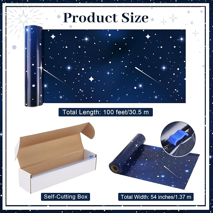 Kochorie 100 Ft X 54 Inch Space Galaxy Tablecloth Roll with Cutter Box Disposable Plastic Blue Galaxy Table Cloth Starry Night Wall Backdrop for Space Star Theme Birthday Baby Shower Party Decorations