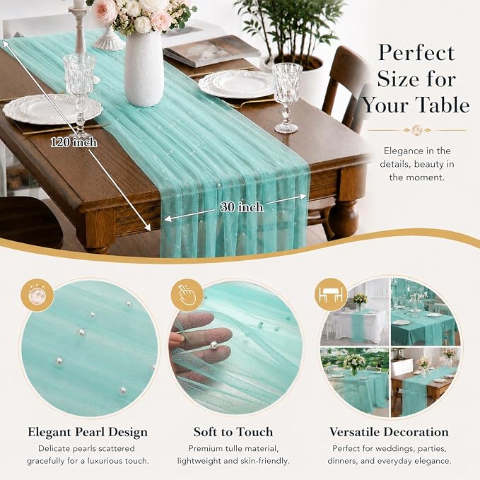 Pearl Turquoise Gauze Pearl Table Runner 120 Inch 10FT, Seasonal Sheer Dining Holiday Wedding Birthday Baby Shower Tulle Summer Table Decor for Home Party