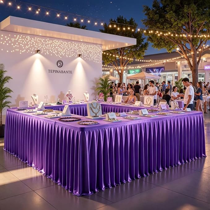 6 Packs Purple Satin Tablecloths Rectangle 6FT, Glitter Spandex Fitted Stretch Table Covers Wrinkle-Free Floor Length Shimmer Table Skirt for Weddings Parties Baby Shower Banquets Vendor Events