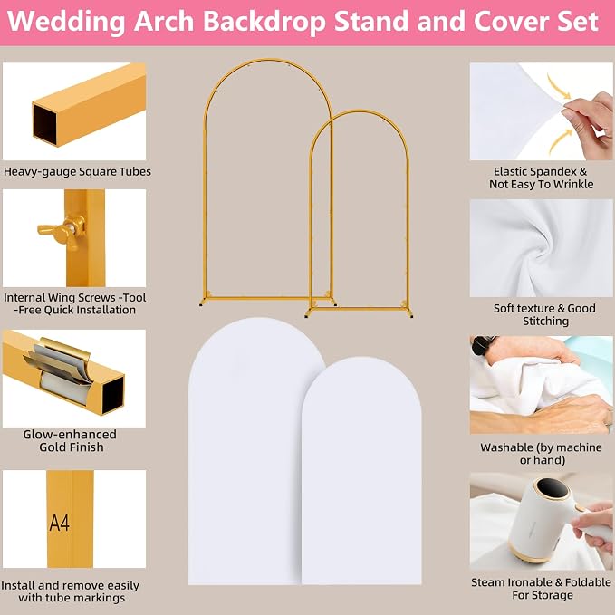 Arch Backdrop Stand and Cover Set of 2 Wedding Metal Arch Stand with Arch Cover White 7.2FT, 6FT for Wedding Party Bridal Baby Shower Birthday Ceremony Event Decor