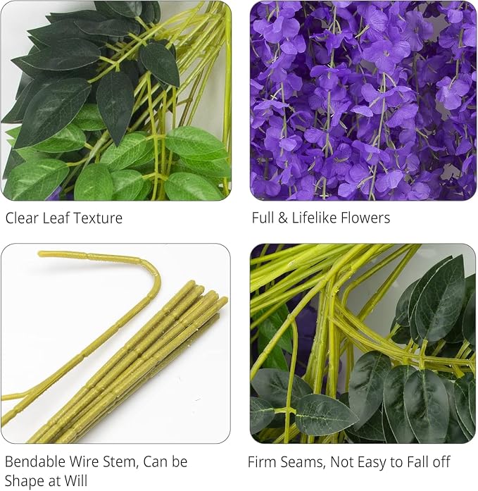 48 Pack Artificial Wisteria Hanging Flowers Fake Wisteria Flower Garland Silk Vines Rattan Decor for Home Wedding Arch Wall Garden Greenery Bedroom Outdoor Office Party Decoration (Purple)