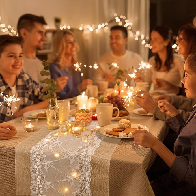 Xinnun 6 Pack Burlap Table Runner with Warm LED Lights,Rustic Lace Wedding Table Decor,Boho Farmhouse Jute Runner for Reception Bridal Shower Party(Fashion,12x70 Inches)