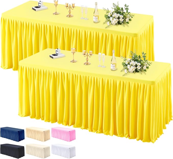 PARTISKY 2 Pack Yellow Tablecloths for Rectangle Tables 6ft, Wrinkle Resistant Spandex Table Cover Fitted Stretch Table Cloth with Pleated Ruffle Skirts for Party Banquet Dining Birthday Wedding