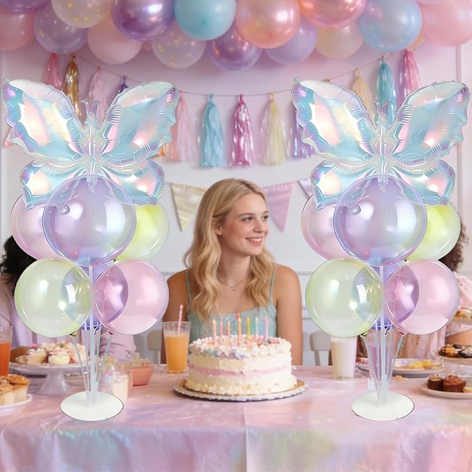 Iridescent Butterfly Party Balloons Stand Kit 2 Sets with Rainbow Holographic Clear Butterfly Foil Balloons Party Balloon Centerpiece for Table for Mermaid Rainbow Holiday Birthday Wedding Decorations