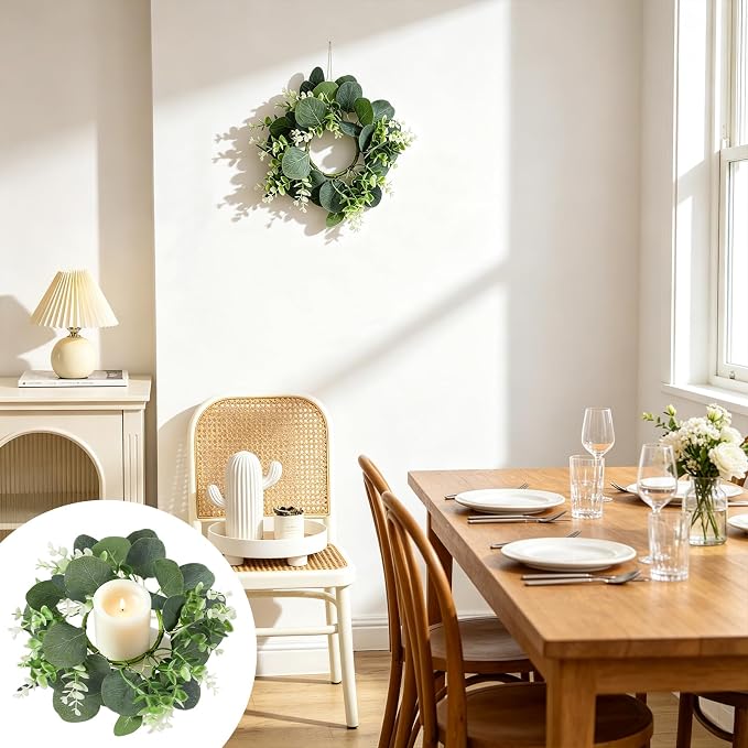 6 Pack Artificial Eucalyptus Candle Rings Wreaths, 9 Inch Candle Rings with Baby Breath, Greenery Candle Rings for Pillar Candles, Wedding Centerpieces, Home Decor