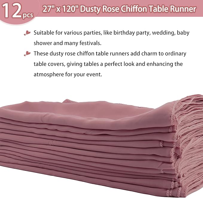 12 Packs Dusty Rose 10Ft Chiffon Table Runner 27 x 120 Inches Sheer Chiffon Table Runner Romantic Boho Rustic Wedding Table Runner for Wedding Birthday Party Decor Bridal Baby Shower Table Decoration