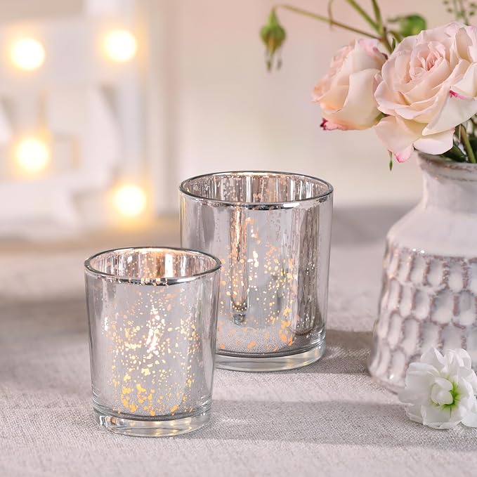 Volens 24pcs Assorted Silver Votive Candle Holders for Wedding Table Centerpieces, Large Mercury Glass Candle Holder for Votive & Tealight Candle, Silver Party Decorations for Bridal and Baby Shower