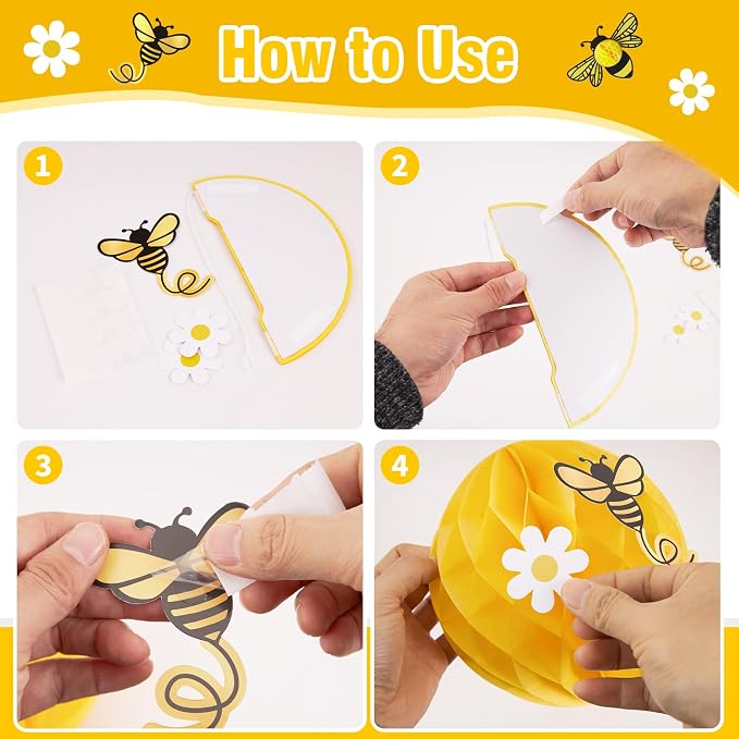 SUNBEAUTY Sunflower Party Decorations 3D Bee Honeycomb Hanging Decor Yellow Tissue Paper Flowers Birthday Yellow Sunflower Ceiling for Classroom Bulletin Board Wall Baby Shower Summer Garden Party