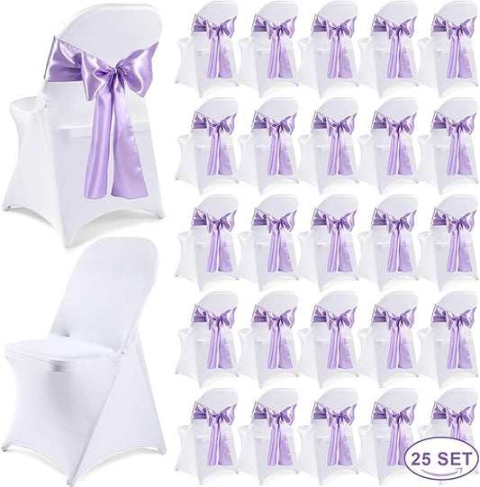 Lounsweer 50 Pcs Folding Chair Cover Set with 25 Stretch Spandex Slipcovers 25 Satin Chair Sashes Bows Ribbon Washable Banquet Protector for Wedding Event Party(White, Lavender)