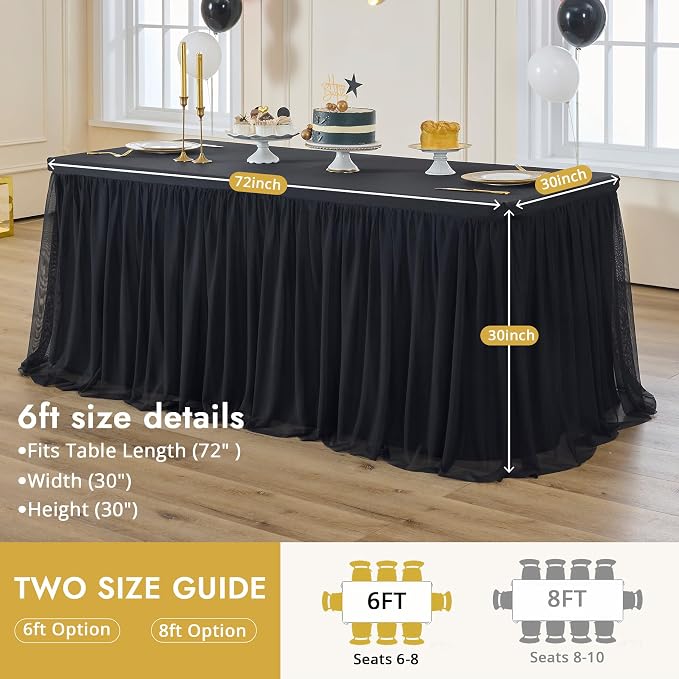 4-Pack Black Tulle Tablecloth for 6 Ft Rectangle Tables – Elastic Spandex Table Cover with Tutu Skirt, Wrinkle Free for Wedding, Birthday Party, Banquet Buffet, Craft fairs
