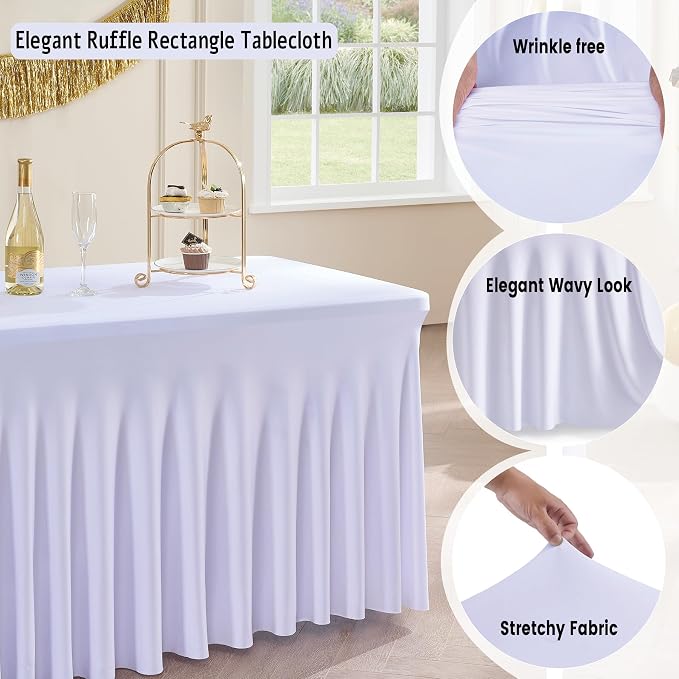 Outpain White Spandex Table Clothes for 5 Foot Rectangle Tables-4Pack 5FT Spandex Fitted Table Cover, Wrinkle Free Tablecloths with Skirt for Parties, Wedding, Birthday, Banquet, Festival
