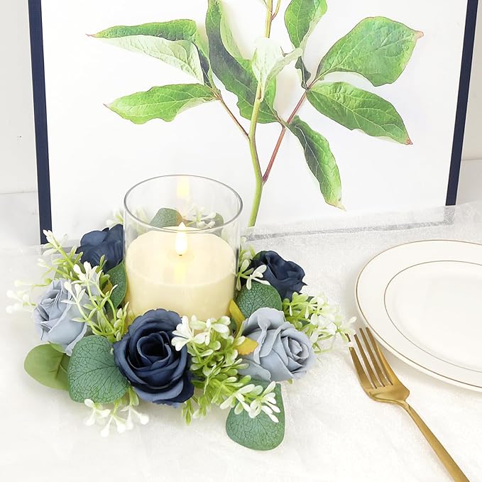 Blue Rose Candle Rings with Flameless Candles Sets - 24PCS Artificial Flower Eucalyptus Wedding Centerpiece 3 Inch Pillar Candleholders Wreaths for Wedding Party Decor (Blue - 12 Sets)
