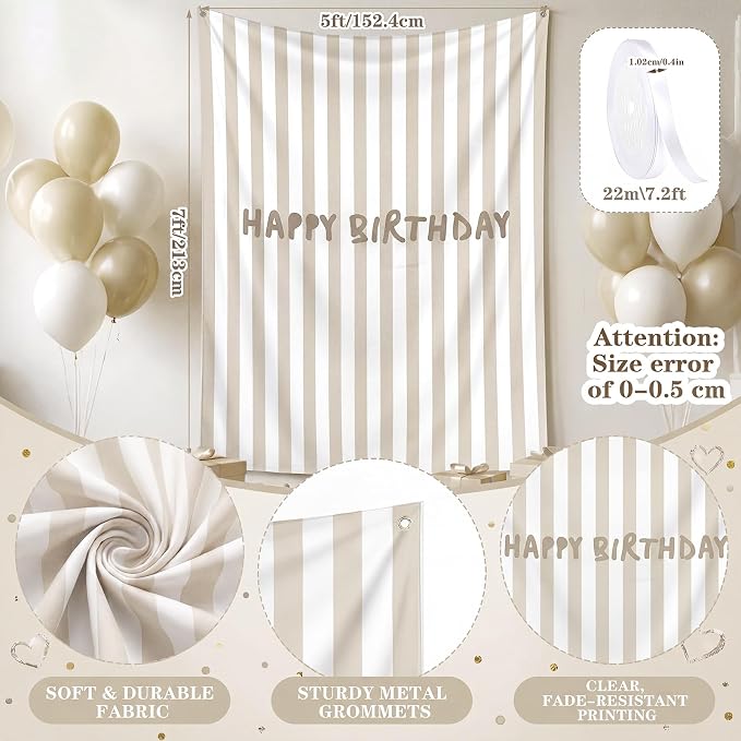 Flutesan 7x5ft Beige Stripe Happy Birthday Backdrop Large Banner Fabric Tapestry Birthday Party Decoration Baby Shower Linen Rustic Background Wall Photo Props Indoor Outdoor