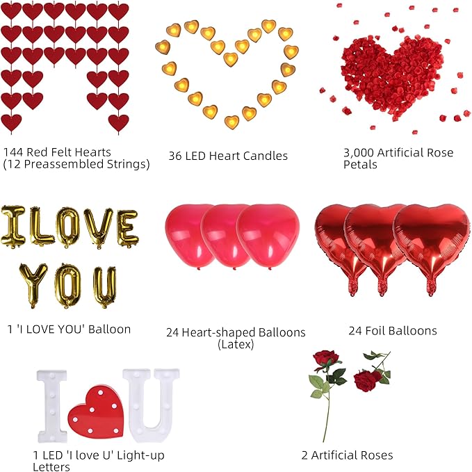 Romantic Decorations Valentines Day, Anniversary, Bedroom Special Night Décor - 3000 Rose Petals, LED & Balloon "I Love You" 36 Heart Candles, 2 Artificial Roses, 144 Red Heart Strings, Heart Balloons