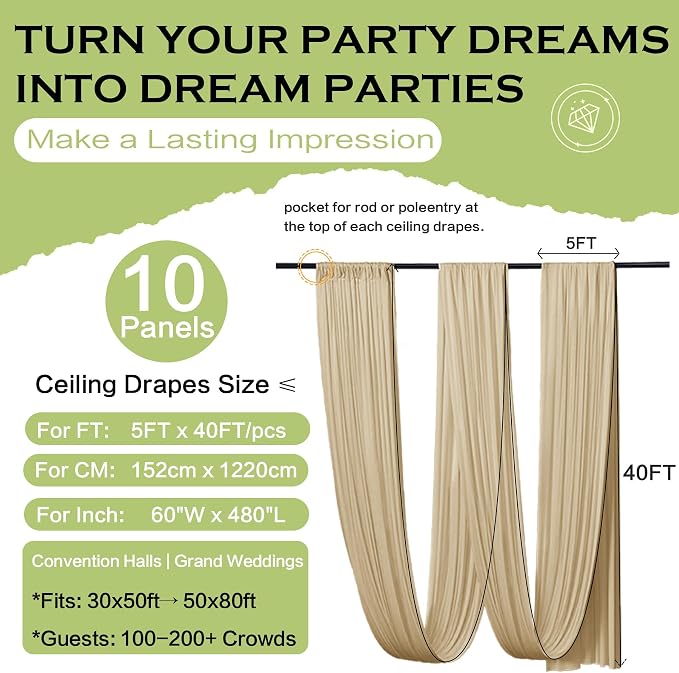 50ftx40ft Champagne Khaki Ceiling Curtain for Wedding Parties – 10 Panels Wrinkle-Free 40 FT Long Tent Draping Curtains for Wedding, Birthday & Theme Parties, 40ft Height with Rod Pocket