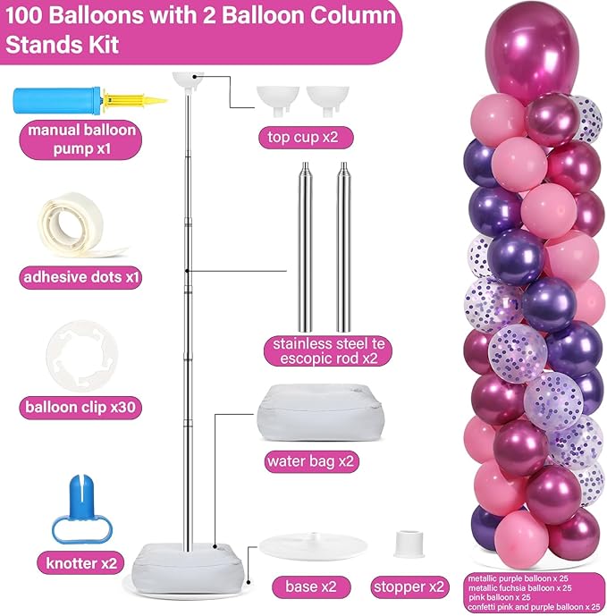 2 Sets Pink and Purple Balloon Column Stand Kit with 102 Balloons Adjustable Balloon Tower Stand with Bases for Floor Confetti Balloons Column Kit for Graduation Birthday Appreciation Party Decor