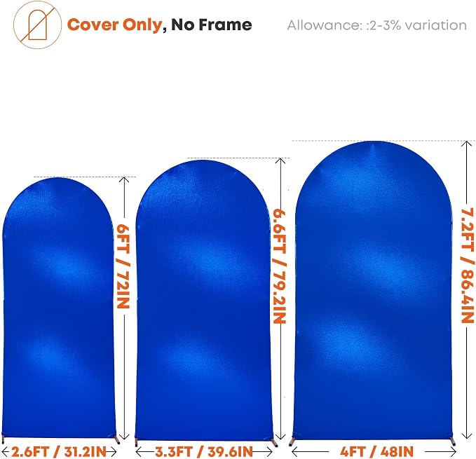 Shimmer Royal Blue Arch Backdrop Cover Set of 3 (6 6.6 7.2FT) with Zipper,Thick Soft Stretchy Sequin Glitter Spandex Fitted Chiara Cover for Birthday Baby Shower Graduation Party Photo Backdrop