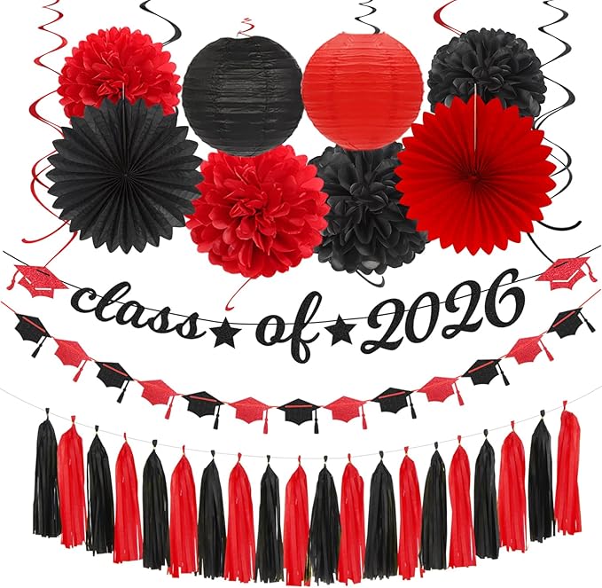 Black Red Graduation Party-Decorations Garland - 36pcs Congrats Grad Class 2026 Banner,Hat Hanging Streamer,College High School Congratulations Master Celebration Classroom Backdrop Decor Burgleda