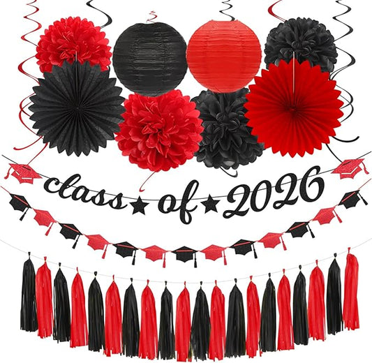Black Red Graduation Party-Decorations Garland - 36pcs Congrats Grad Class 2026 Banner,Hat Hanging Streamer,College High School Congratulations Master Celebration Classroom Backdrop Decor Burgleda