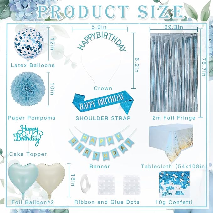 Blue Birthday Decorations Set, Blue Party Decoration Balloons with HAPPY BIRTHDAY Banner, Pom Poms, Fringe Curtain Background, Birthday Crown, Shoulder Strap for Boho Partys Girls Women Party Supplies
