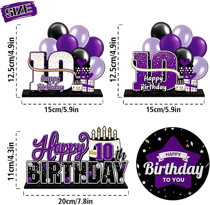 LINGTEER Happy 10th Birthday Purple Acrylic Table Topper Centerpieces Set - Cheers to Ten Years Old Birthday 10th Bday Party Gift Decorations.
