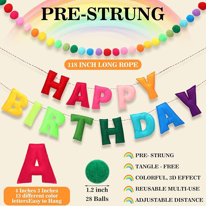 Mindsoft 2 Pcs 9.83ft Pre Strung 3D Happy Birthday Felt Fabric Banner with Ball Garland Reusable Pom Pom Garland for Birthday Party Decorations Sign Photo Prop Boys Girls(Rainbow Color)