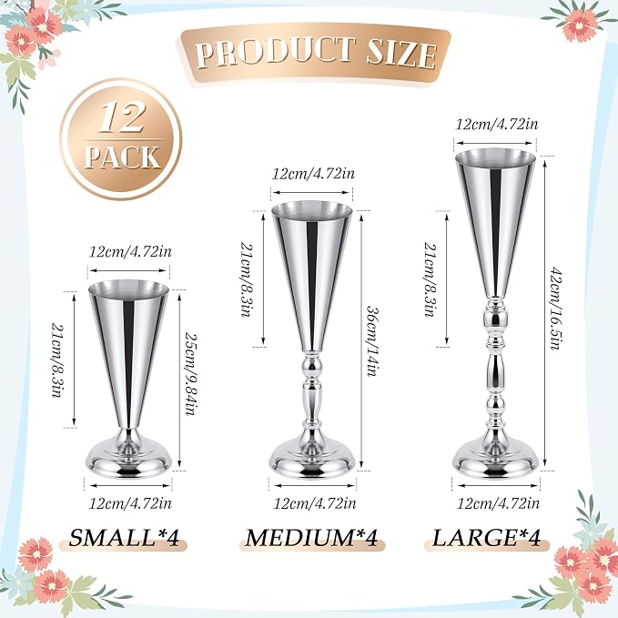 Boao 12 Pcs Silver Vase Flower Wedding Centerpieces for Tables, 16.5'' 14'' 10'' Metal Trumpet Vases for Centerpieces Table Decorations for Wedding Anniversary Ceremony Party Birthday Reception Decor