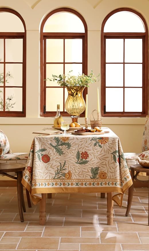 patdrea Vintage Linen Tablecloth,Rectangular,79"x55"-RosaSilvestre A | French Heavyweight Table Cloth for Rectangle Table,Yellow Floral Patterned,Dining Room Kitchen Tea Party Decoration