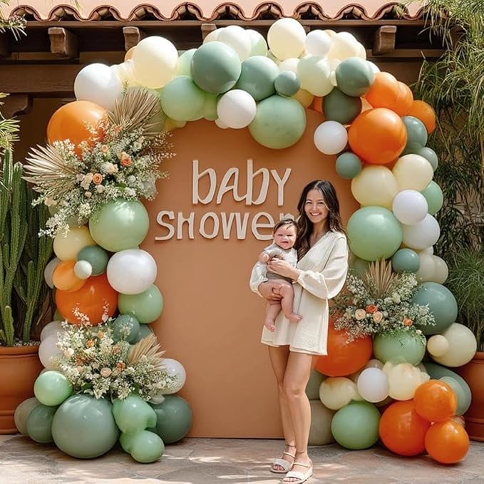 Dusty Green Orange White Balloon Garland, Double Stuffed Burnt Orange Sage Green Ivory Yellow Balloons Arch Kit for Baby Shower Gender Reveal Birthday Safari Jungle Party Decorations