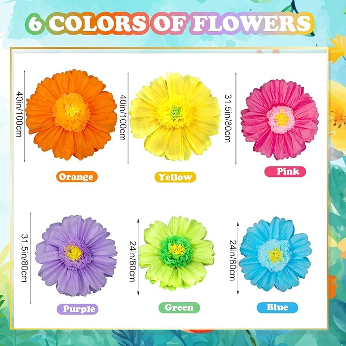 Giegxin 6 Pcs 39.3", 31.5", 24" Colorful Giant Paper Flower Mexican Extra Large Tissue Paper Flower for Wall Big Fiesta Crepe Floral Decoration for Wall Wedding Mexican Bridal Shower Tea Party Nursery