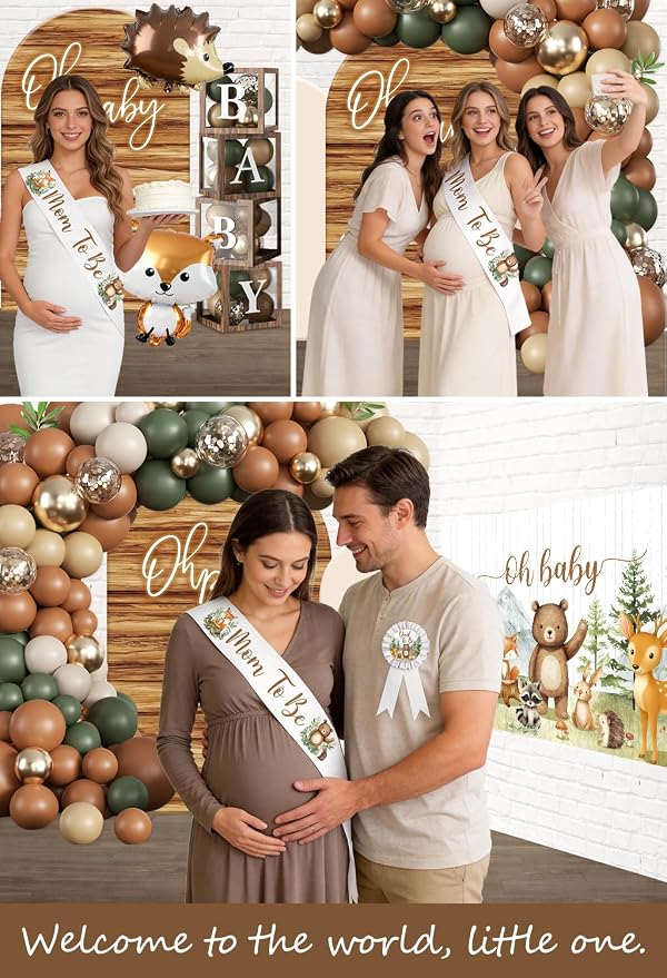 Woodland Baby Shower Decorations, 265 PCS Woodland Animals Baby Shower Party Supplies with Balloon Garland, Backdrop, Tableware, Balloon Boxes & Mom to Be Sash, Gender Neutral Forest Theme