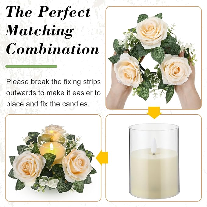 Yunlly 20 Pcs Rose Candle Rings with Flameless Candles Sets, Artificial Flower Eucalyptus Wedding Centerpiece 3 Inch Pillar Candleholders Wreaths for Wedding Party Mother's Day (Champagne)