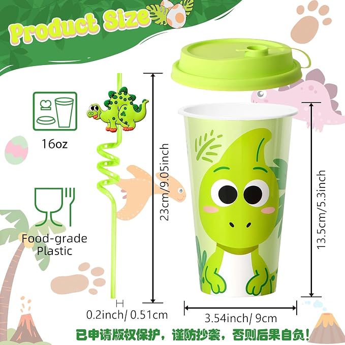 Dinosaur Party Favors for Kids, 24 Pack Dino Birthday Cups with Lids and Straws, 16oz Dinosaur Party Supplies, Goodie Bag Stuffers, Classroom Prizes, Boys Girls Birthday Decorations