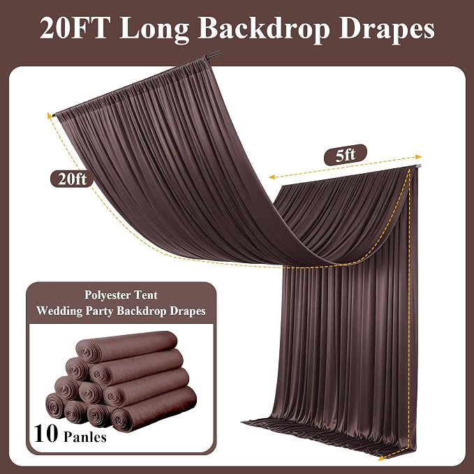 50x20ft Brown Ceiling Drapes, 10 Panels 20ft Height Wrinkle-Free Tent Draping Curtains for Wedding Party Tent Canopy Arch Backdrop Decorations