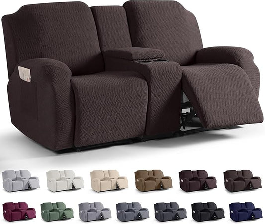 KinCam Loveseat Recliner Covers with Middle Console Slipcover, Recliner Sofa Covers 2 Seat Couch Cover Stripe Jacquard Furniture Protector Covers with Elastic Bottom for Kids, Pets(Chocolate)