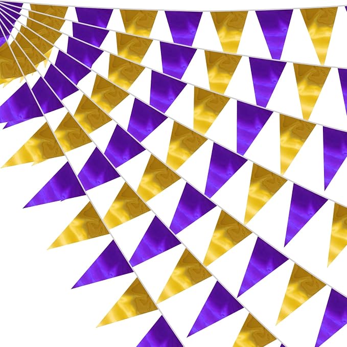 130FT Purple Gold Triangle Pennant Banner Flag Metallic Fabric Bunting Garland for Christmas Graduation Wedding Engagement Anniversary Bachelorette Birthday Bridal Shower Valentines Hen Party Supplies