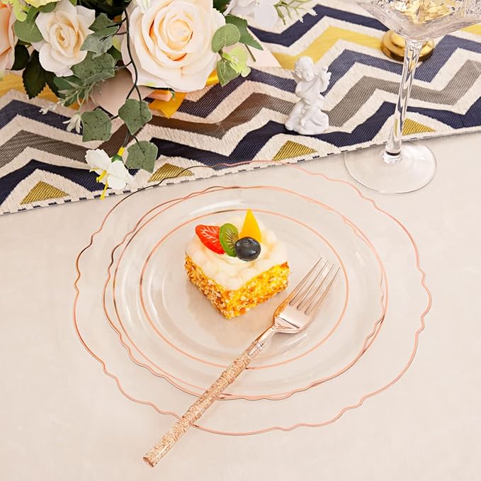 Liacere 150PCS Rose Gold Plastic Plates - Clear Rose Gold Disposable Plates with Glitter Bamboo Handle Cutlery - 60 Baroque Elegant Plates, 30 Forks, 30 Spoons, 30 Knives for Wedding ＆ Mothers Day