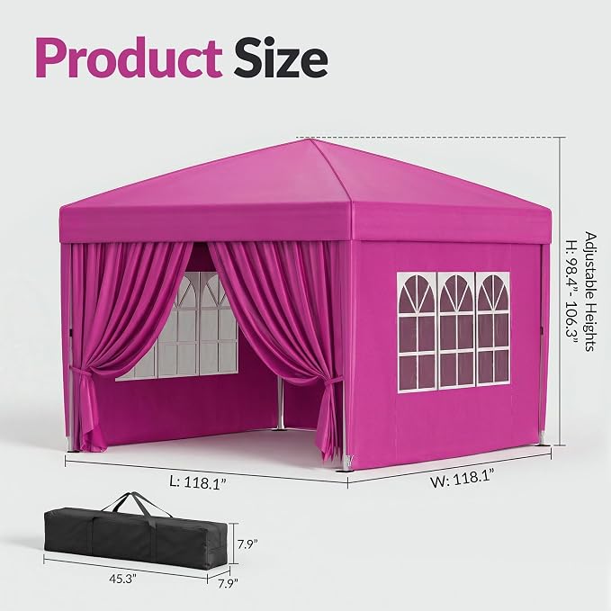 10x10 Pop Up Canopy with Sidewalls, Instant Tent with Carry Bag, Height Adjustable Waterproof Shade Canopy, for Event, Parties, Camping (Pink, 10x10 with Sidewalls)
