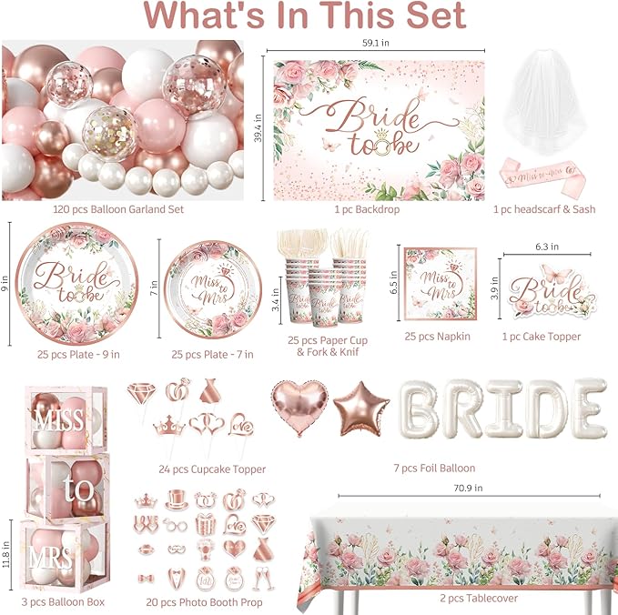 Cocomigo 330pcs Bride to Be Decorations, One-stop Set for 25 People, Includes 350gsm Plates Photo Props Cupcake Toppers Veil and Sash, Pink Bridal Shower Decorations for Female