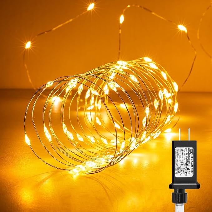 Minetom Fairy Lights Plug in, 33Ft 100 LEDs Waterproof Silver Wire Firefly Light, Adaptor Included, Starry String Lights for Wedding Patio Indoor Outdoor Christmas Decorations, Warm White