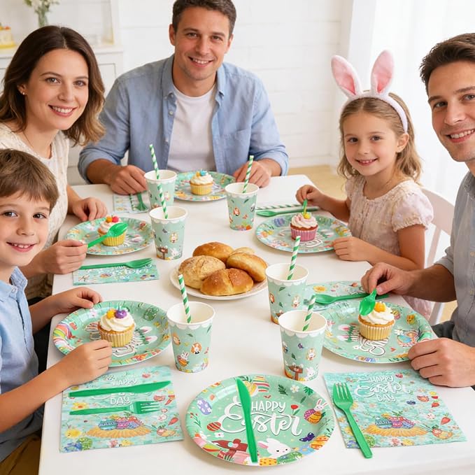 192 Pcs Easter Plates and Napkins Set Party Decorations Birthday Decorations Paper Plates Napkins Cups Forks Tablecloth Banner Bow Tableware Serve 24