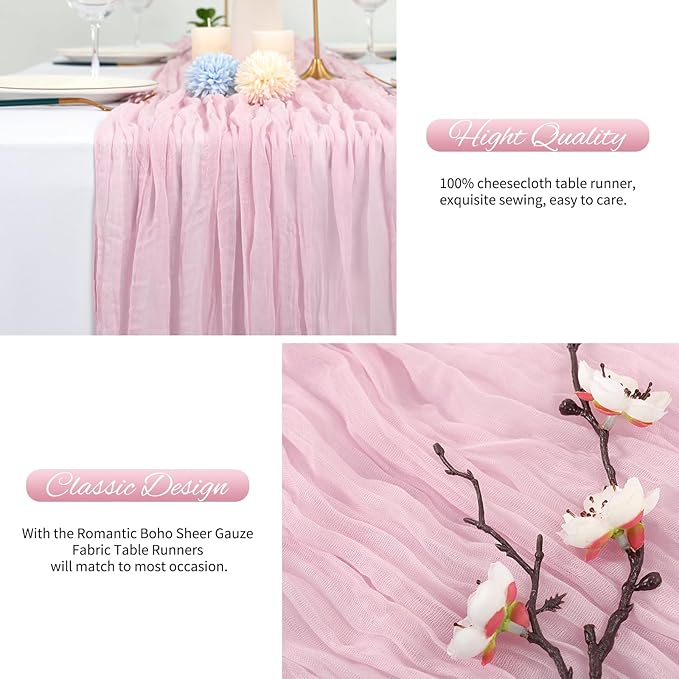 10 Pack Light Pink Cheesecloth Table Runner 10FT Boho Romantic Gauze Table Runner 20 x 120 Inch Rustic Sheer Runner for Wedding Party Bridal Shower Thanksgiving Christmas Decoration