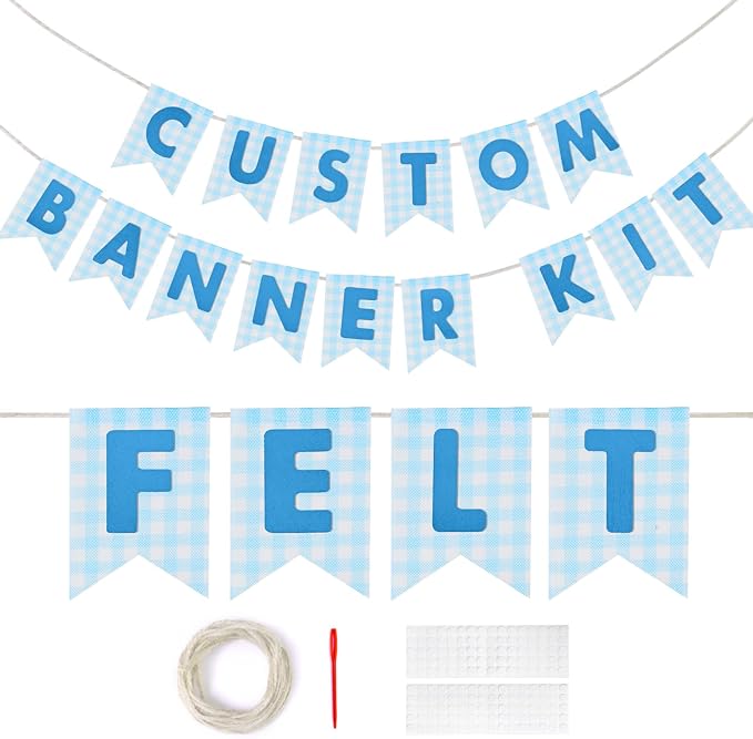 Custom Banner Kit, 28 Blue Printed Burlap Banner with 92 Felt Letters, Make Your Own Diy Customizable Kit for Birthday Wedding Party Decorations
