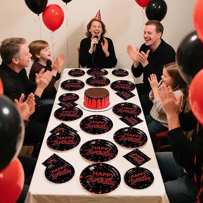 Grencian 96Pcs Red and Black Birthday Party Decorations Red Polka Dots on Black Paper Plates and Napkins Disposable Dessert Tableware for Men Women Birthday Party Decorations 2026 Serves 24
