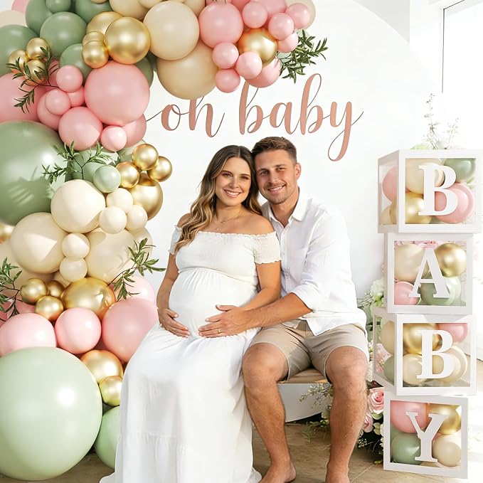 Pink and Green Gold Balloon Arch Kit, 132Pcs Pink and Green Baby Shower Decorations with Baby Boxes Letters for Girls Boho Baby Shower Gender Reveal Birthday Party Decorations