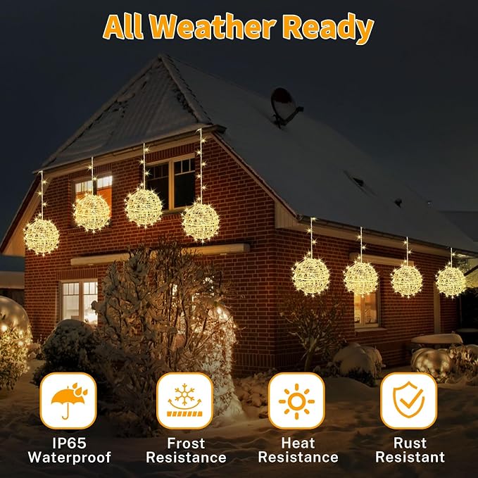 Outdoor Christmas Balls Lights 4 Pack Hanging 7.1" LED Garden Sphere Tree Lights 8 Modes Waterproof Glow Globe Lights with Memory Timer Plug for Party Yard Porch Eave Patio Xmas Decorations-Warm White