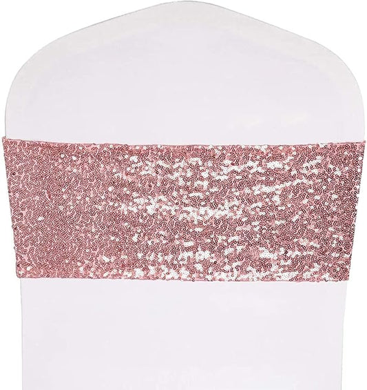 Pack of 25 Stretch Sequin Chair Sashes Chair Bands One-Sided Sequins Decor for Hotel Wedding Reception Events Party Chair Cover Decoration (Pink)
