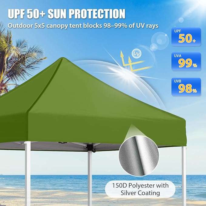 EAGLE PEAK 5x5 Pop Up Canopy Tent Instant Outdoor Canopy Easy Set-up Straight Leg Folding Shelter, Grass Green